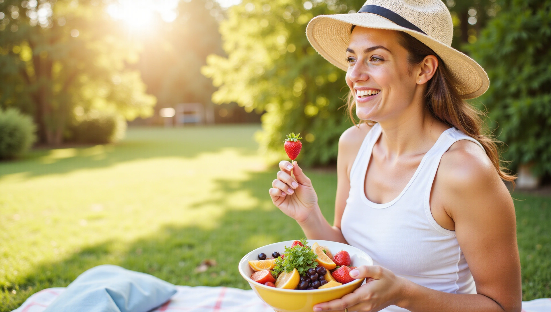 Persona sorridente che gode di un pasto sano all'aperto