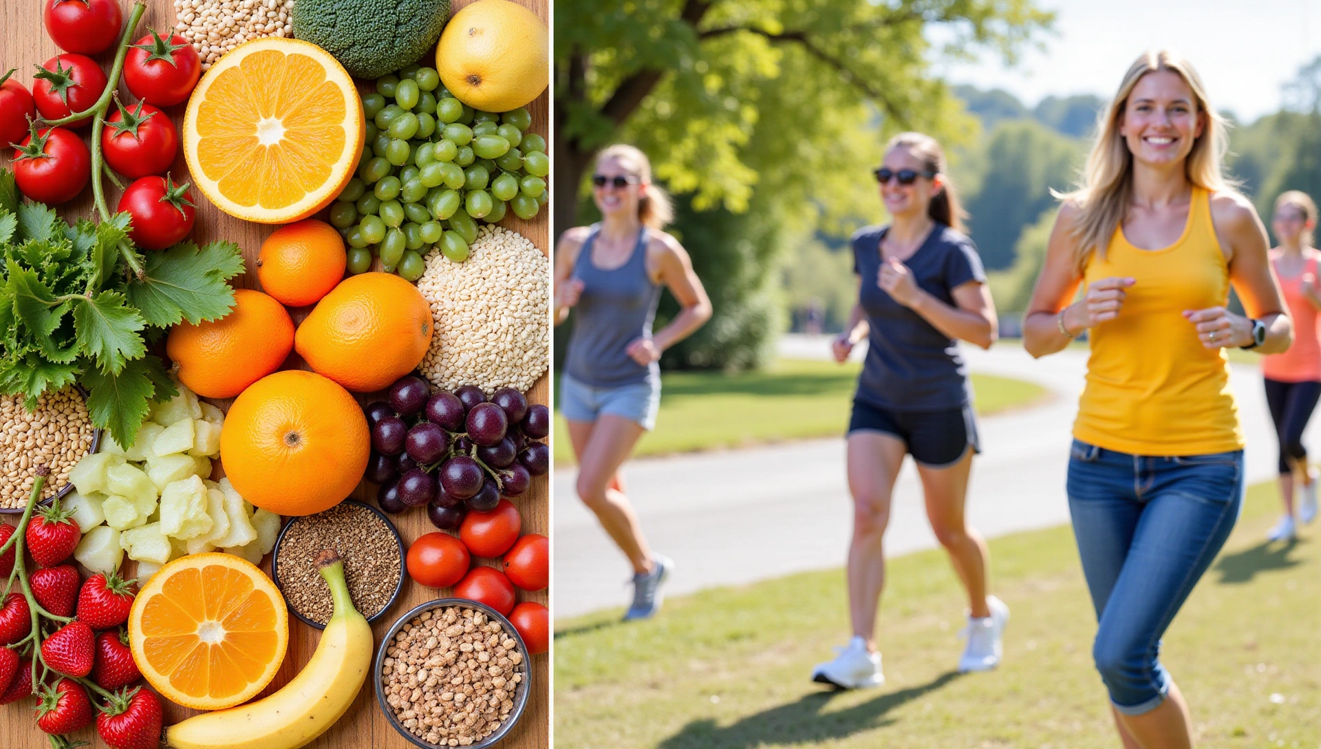 Sfondo vibrante con cibo fresco e sano e persone sorridenti
