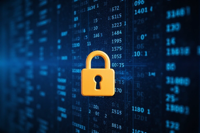 Luchetto stilizzato che simboleggia la sicurezza dei dati digitali, con uno sfondo di codice binario astratto